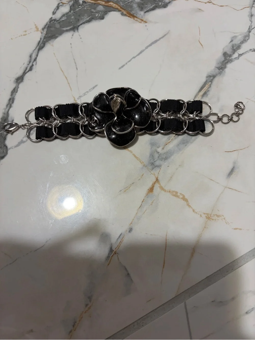 CHANEL Black Camellia Chain-Trim Ribbon Belt